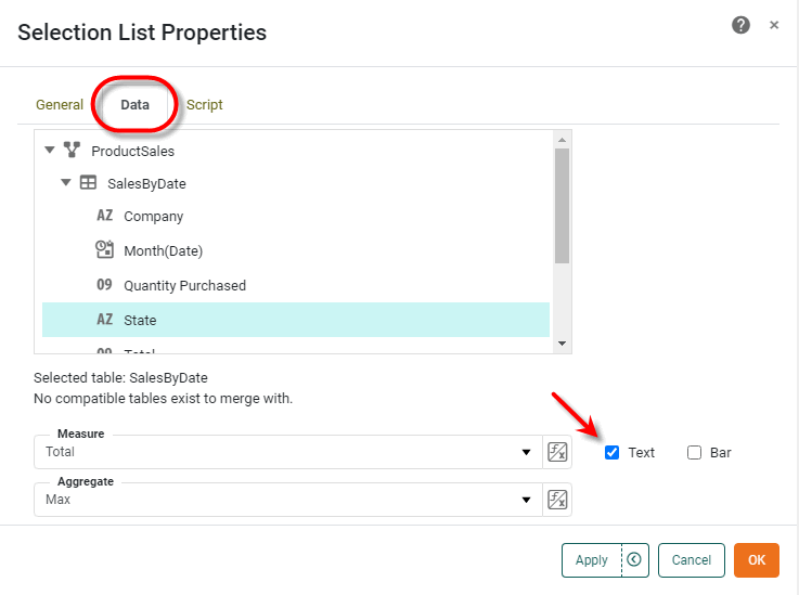 selection component Data tab with Text option enabled for measure display