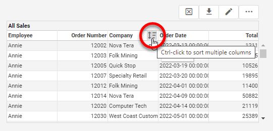 hover over header and press Sort button
