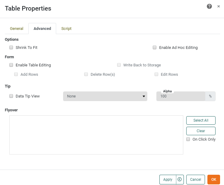 table advanced tab properties