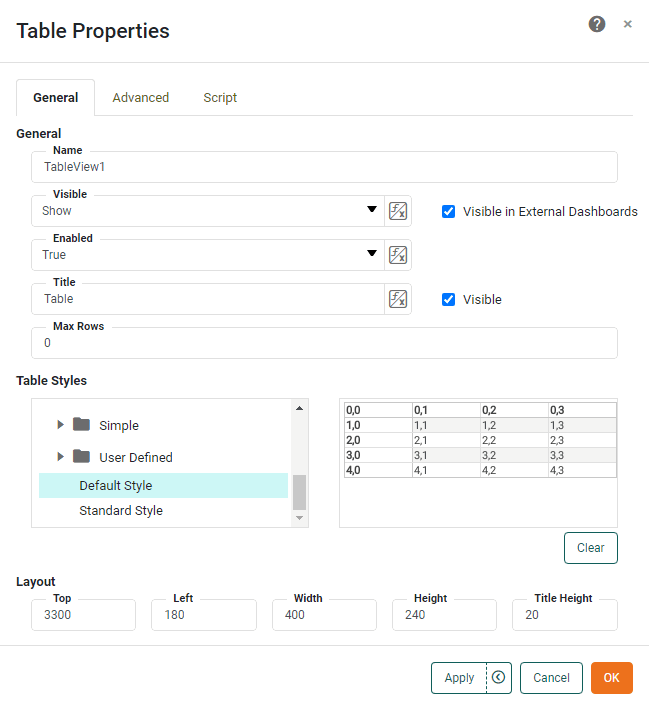 table properties general tab with table styles