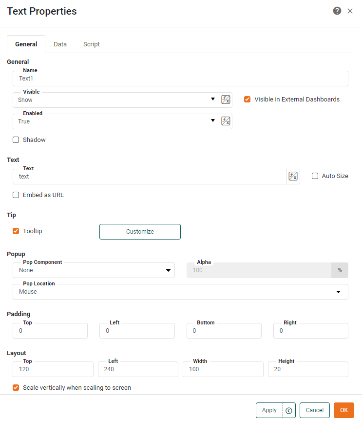 text properties general tab settings