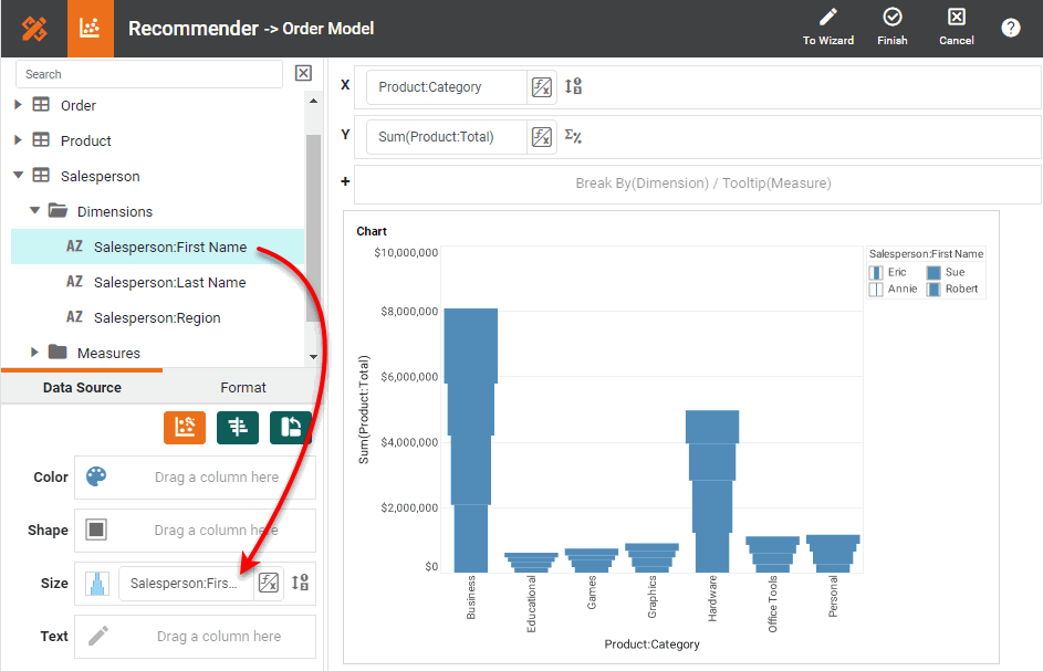 drag dimension to size field in chart editor