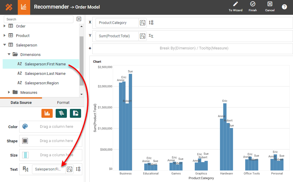 drag dimension to text field in chart editor