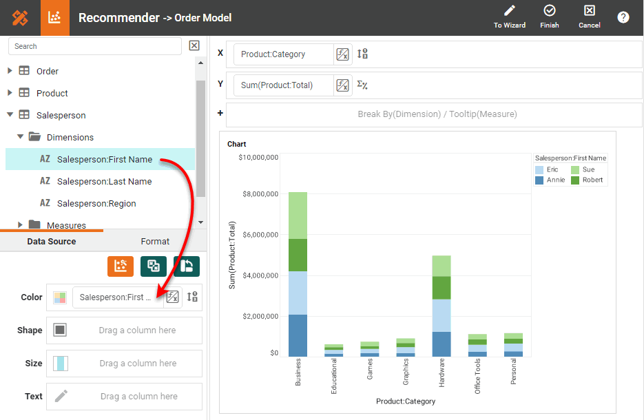 drag dimension to color field in chart editor