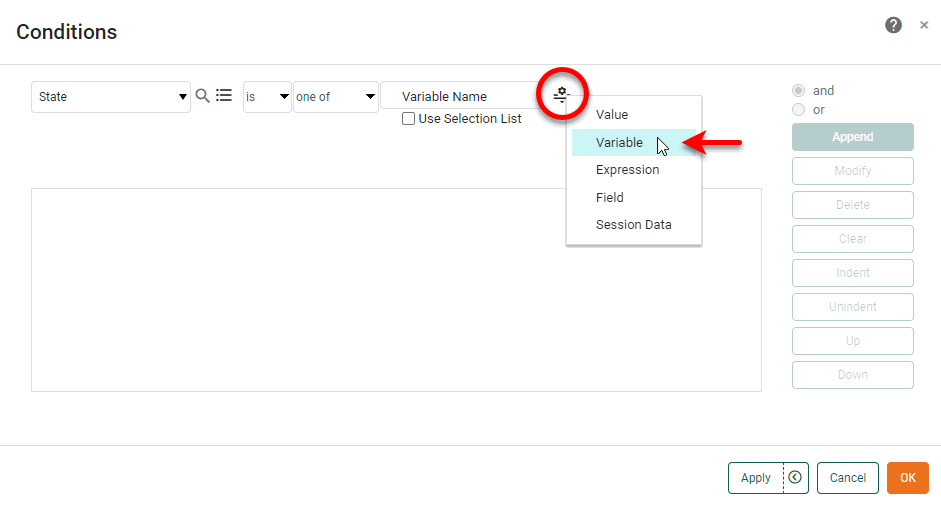 select variable option for condition value