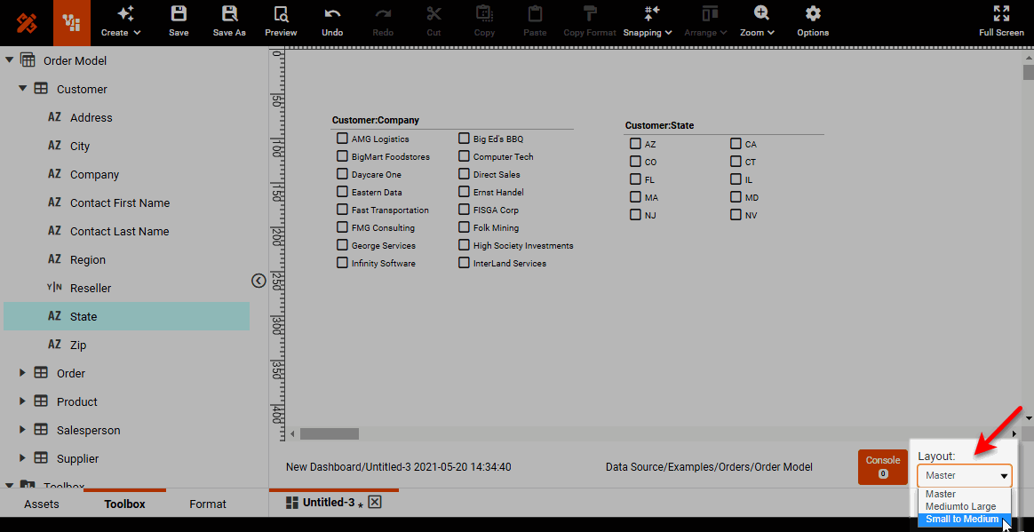 select layout from Layout menu in dashboard status bar