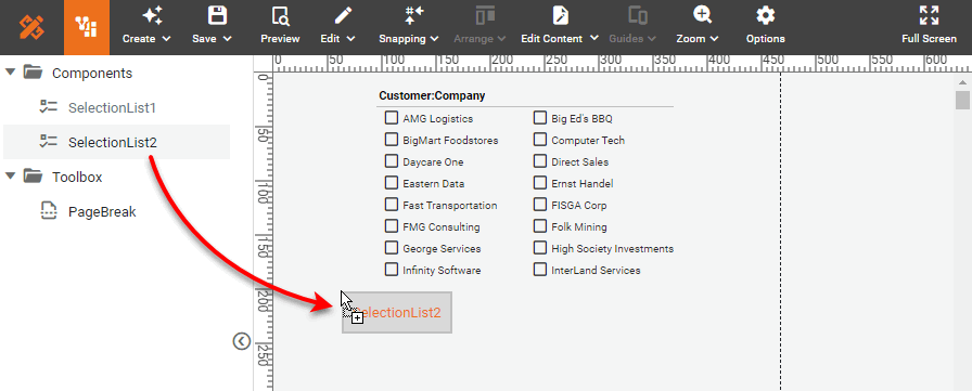 drag components from Components folder into layout area
