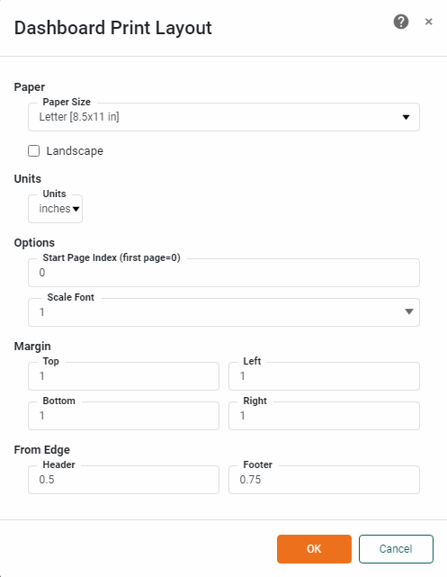 dashboard print layout dialog box with paper and margin settings