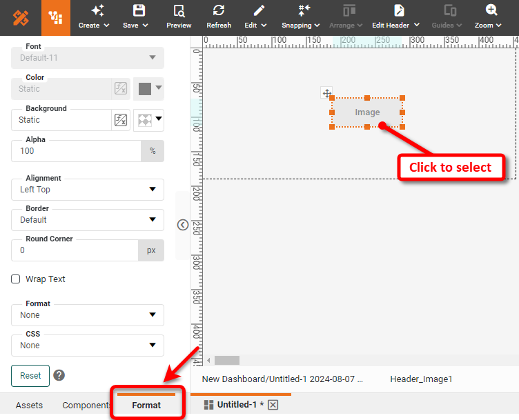 format tab applied to style image component in header