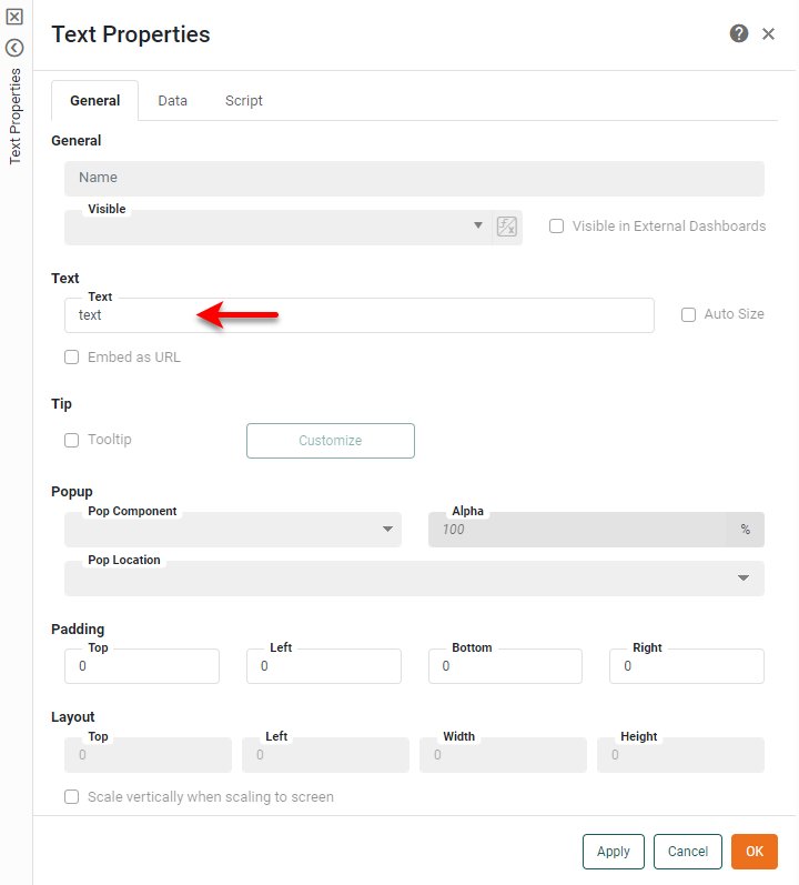 text properties dialog with text entered for header