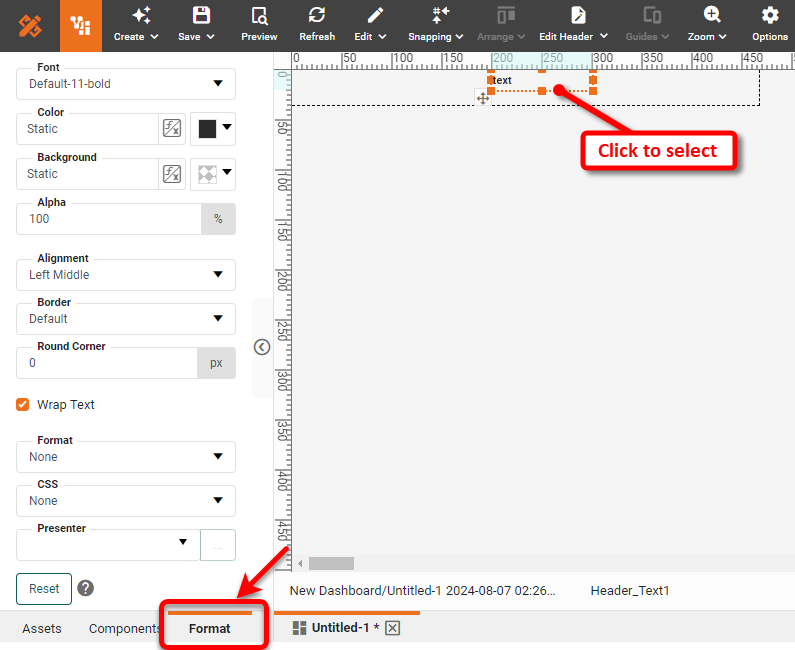 format tab applied to style text component in header