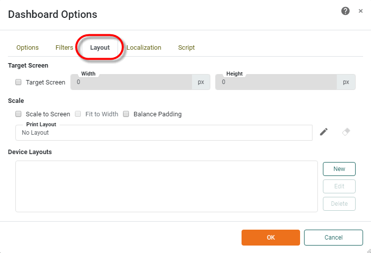 dashboard options dialog with Layout tab selected