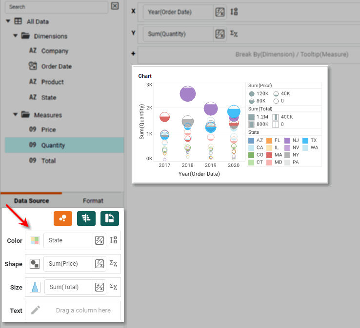 drag measure to Color Shape Size or Text region