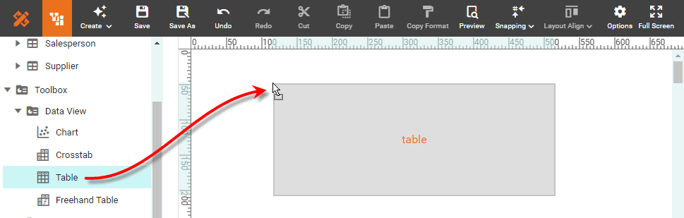 drag table component from toolbox into dashboard