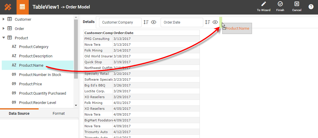 drag columns into details region of table editor