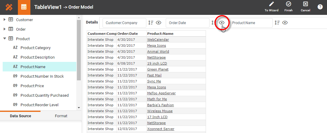 press Show/Hide button to hide a column