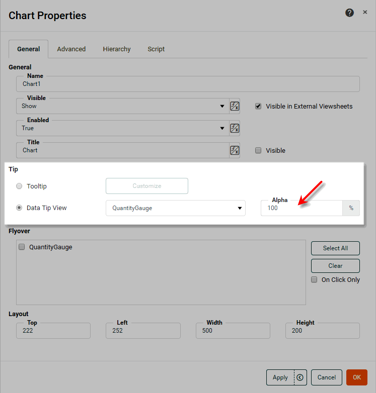select data tip view component on general tab