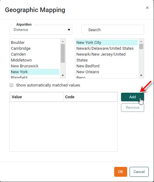 geographic mapping dialog matching unresolved place names