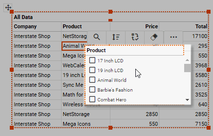 filter control displayed for selected column