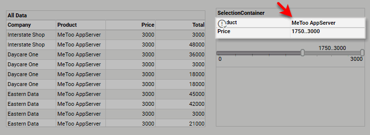 filter selections shown in selection container