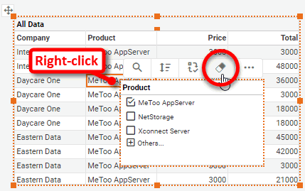 press unselect button to remove column filter