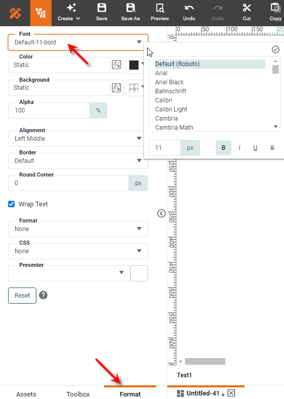 set font face style and size in format panel