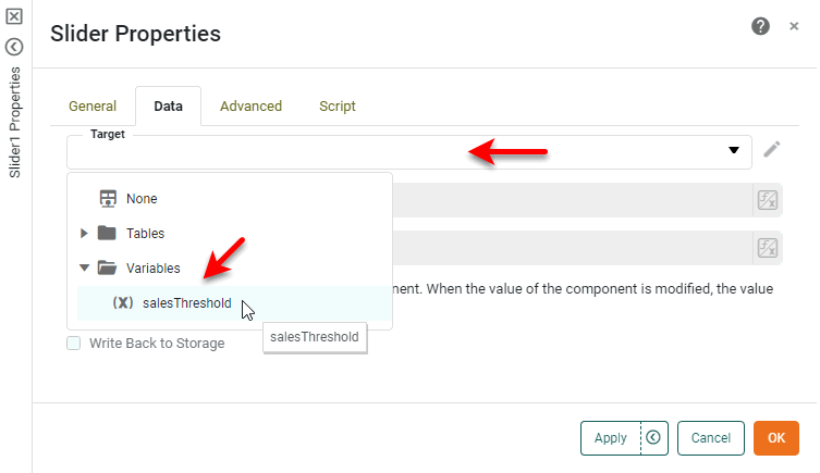 open Target menu and select Variable node to link form control to variable