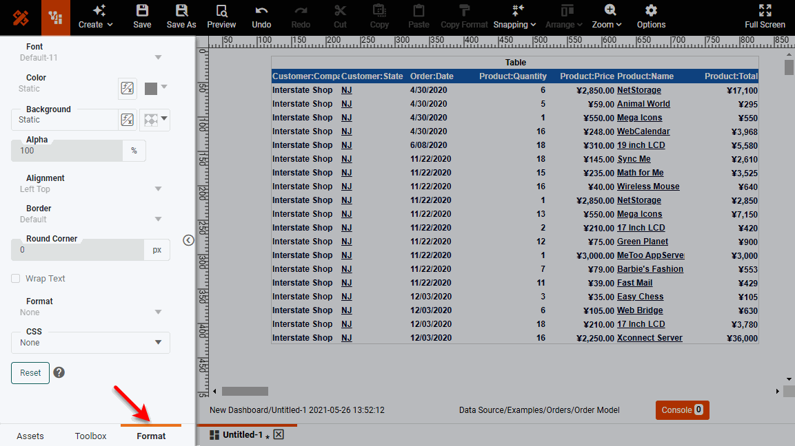 select Format tab at bottom of left panel