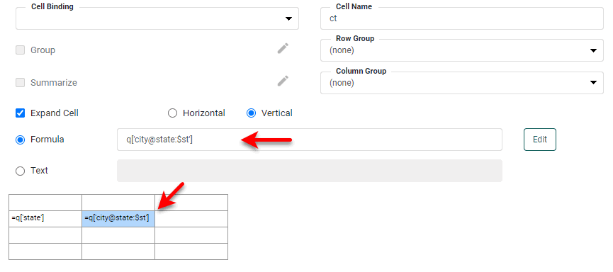 freehand table formula with field filtering to show cities matching current state