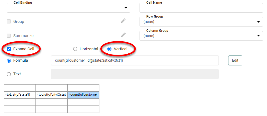 freehand table editor with customer count formula and Expand Cell Vertical set