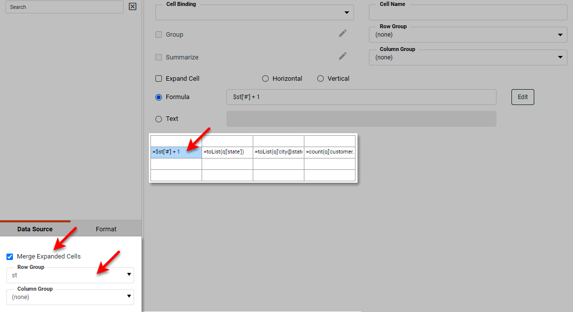 freehand table Option tab with Merge expanded cells enabled and st row group selected