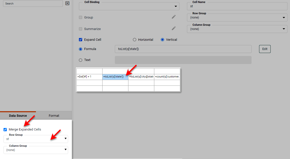 freehand table Option tab with Merge expanded cells enabled for city column
