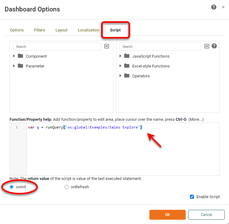 Dashboard Options Script tab with Sales Explore runQuery entered for absolute reference example