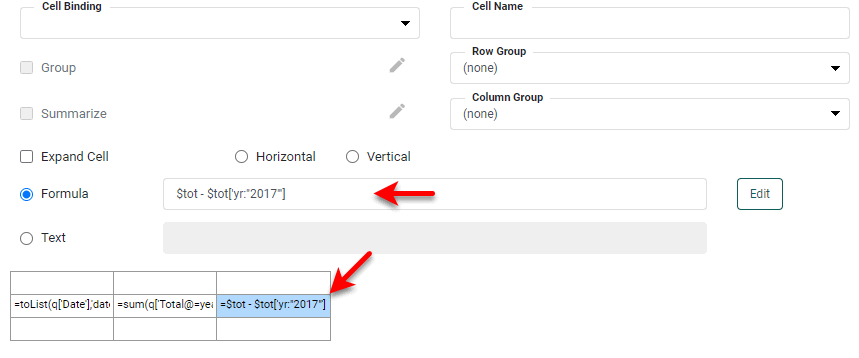 freehand table editor showing absolute year reference formula for 2017 comparison