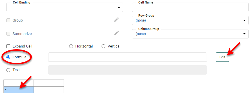 freehand table editor with Formula selected for rowList expression cell