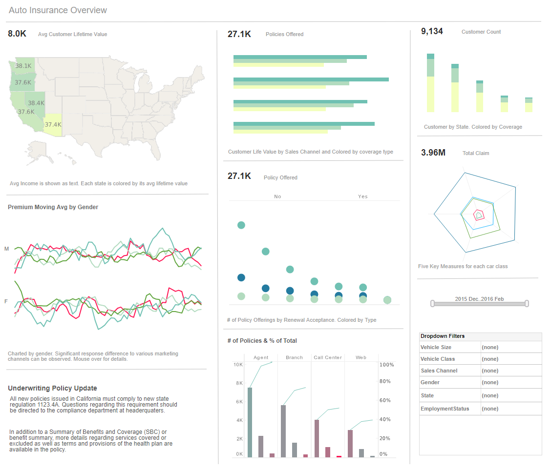 Auto Insurance Overview Pareto chart dashboard sample