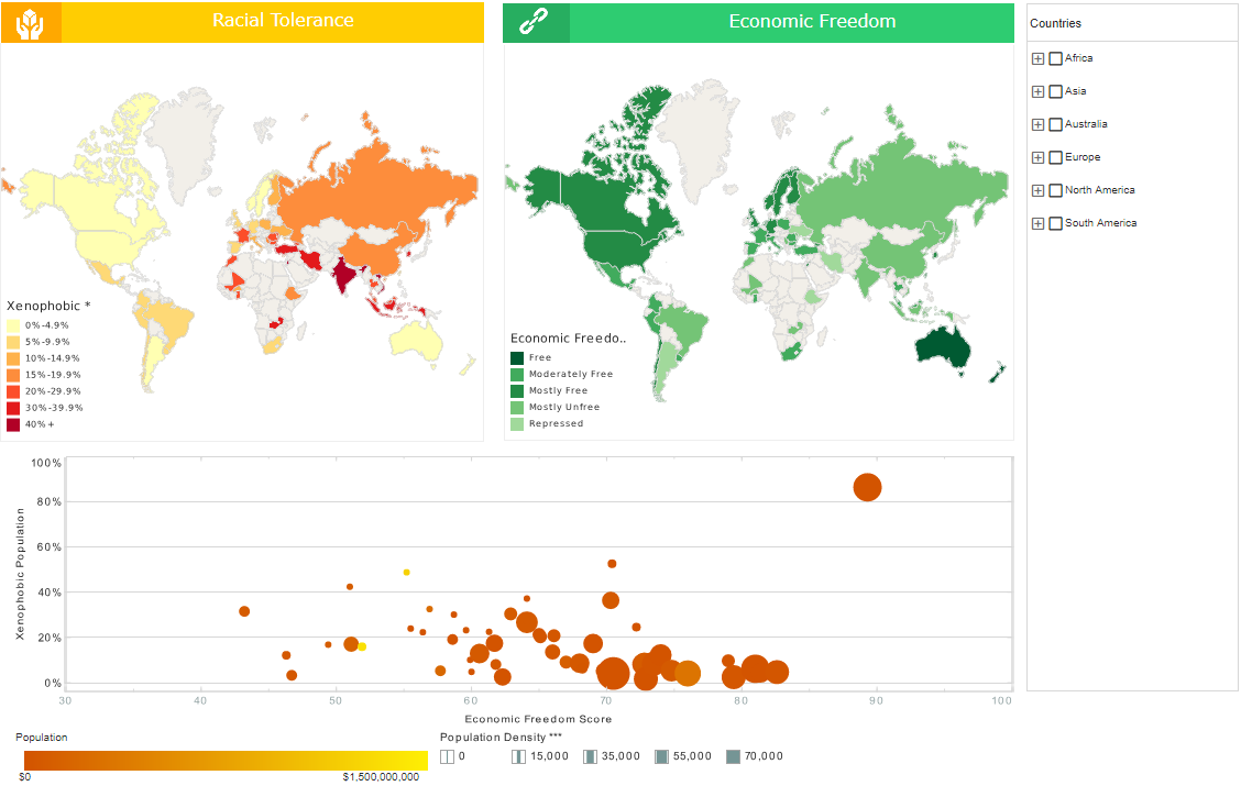 Global Visual Analysis dashboard sample using calculated fields for map colors