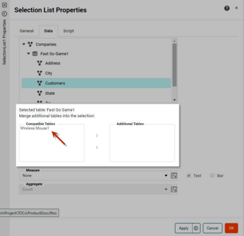 compatible tables listed in data tab