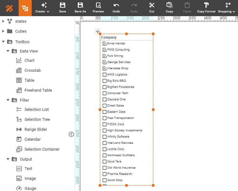 selection list with merged company data