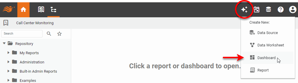 User Portal showing Create button and Dashboard or Worksheet option