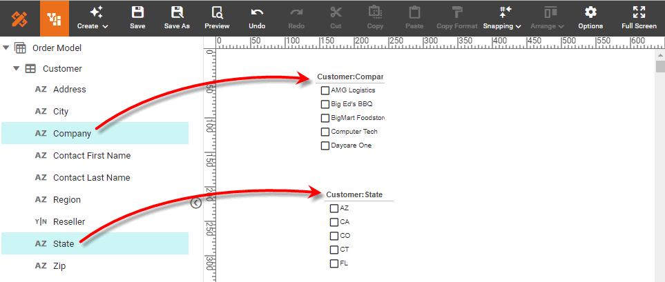 drag dimension to create selection list