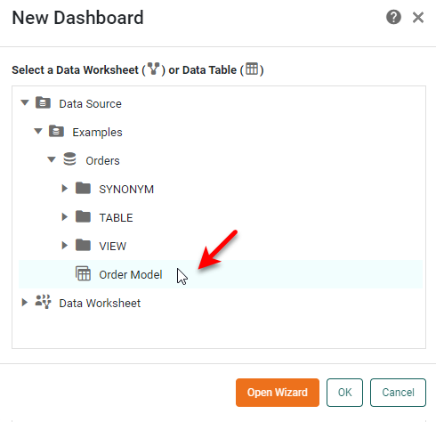 select data worksheet or data model