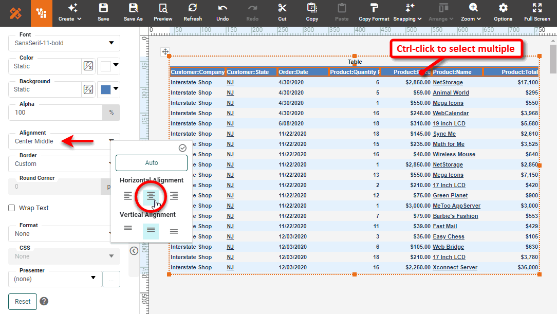 press alignment button to align column header