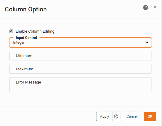 integer editor with minimum maximum and error message