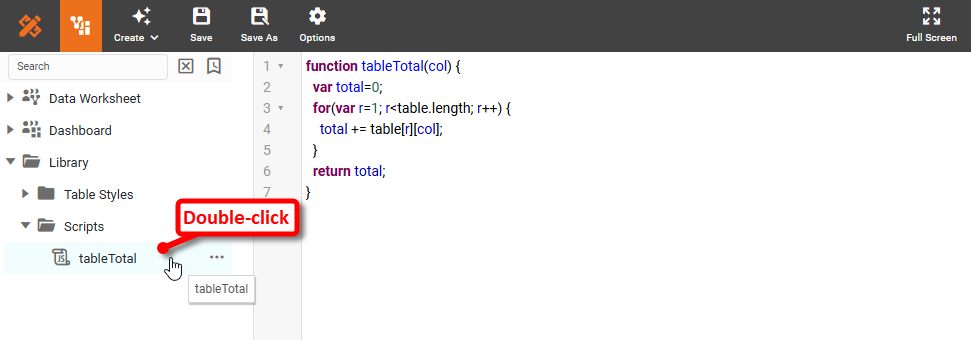 Script library folder expanded with existing function available to edit