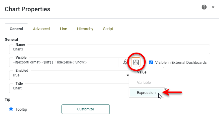 Visible property expression using exportFormat to control visibility during export