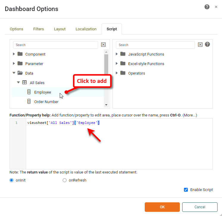 script editor Data folder with available data fields listed